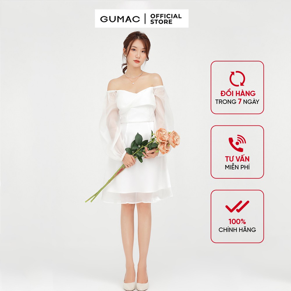 [Mã WABRGU50 giảm 10% đơn 250K] Đầm xòe nữ xếp ngực cổ U màu trắng hở vai quyến rũ GUMAC DB5110 | BigBuy360 - bigbuy360.vn