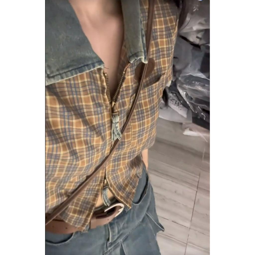 Ethelgirl Áo Sơ Mi Tay Ngắn Cổ Polo Phối Khóa Kéo Họa Tiết Sọc Caro Phong Cách Mỹ Cổ Điển Thời Trang Cho Nữ