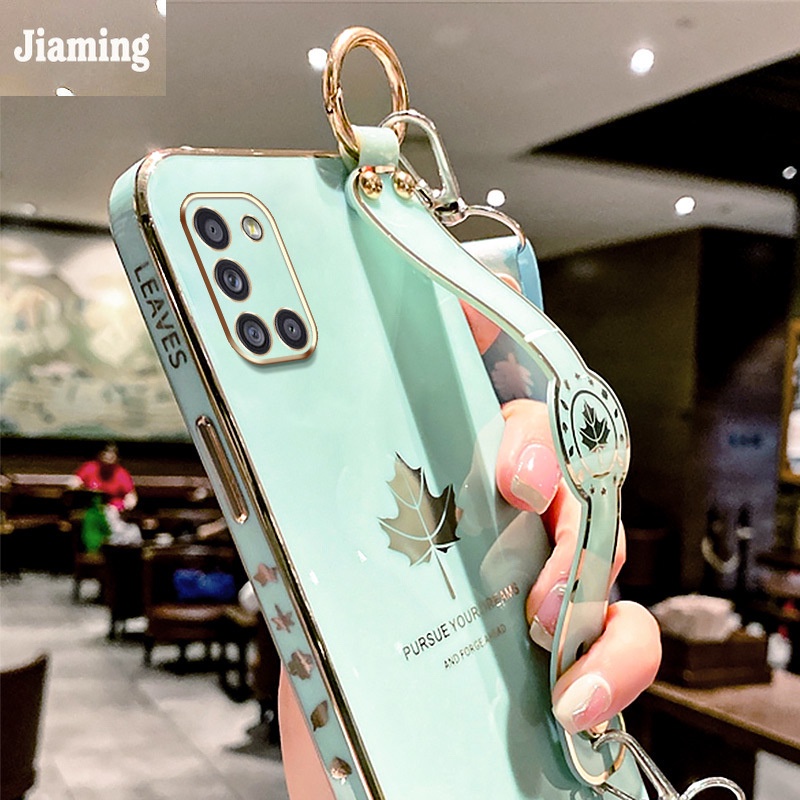 Ốp Điện Thoại Viền Lá Phong Mạ Điện Sang Trọng + Dây Đeo Cổ Tay Cho Samsung Galaxy A31 2020