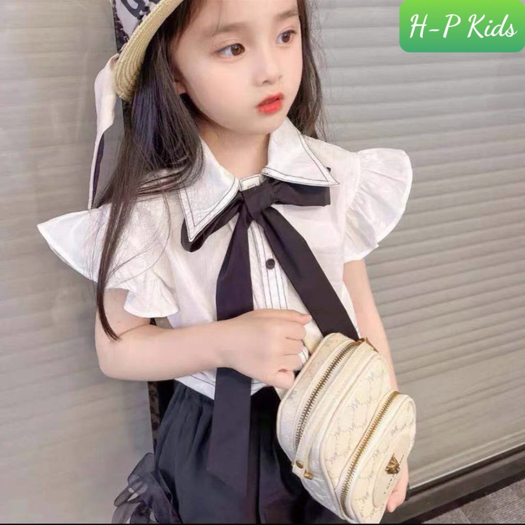 Xả kho Bộ áo trắng nơ đen phối  + quần bom cho bé gái
