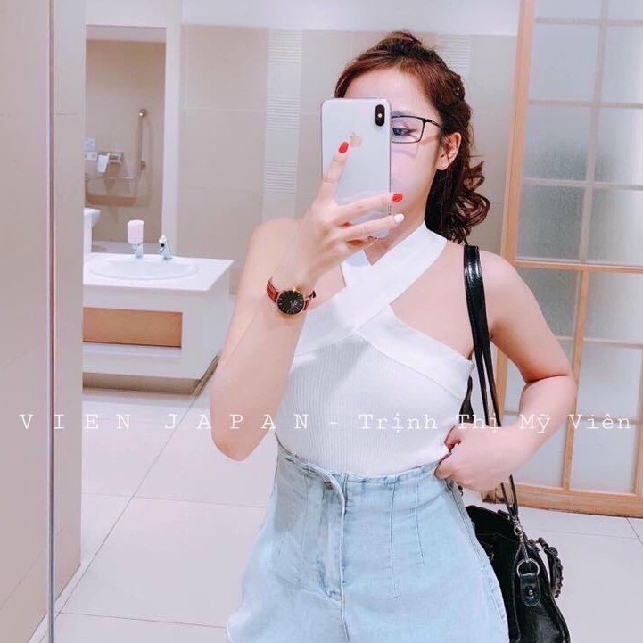 Áo croptop nữ 2 dây cổ chéo form ôm vải tăm co giãn mặc 2 kiểu Bingshop