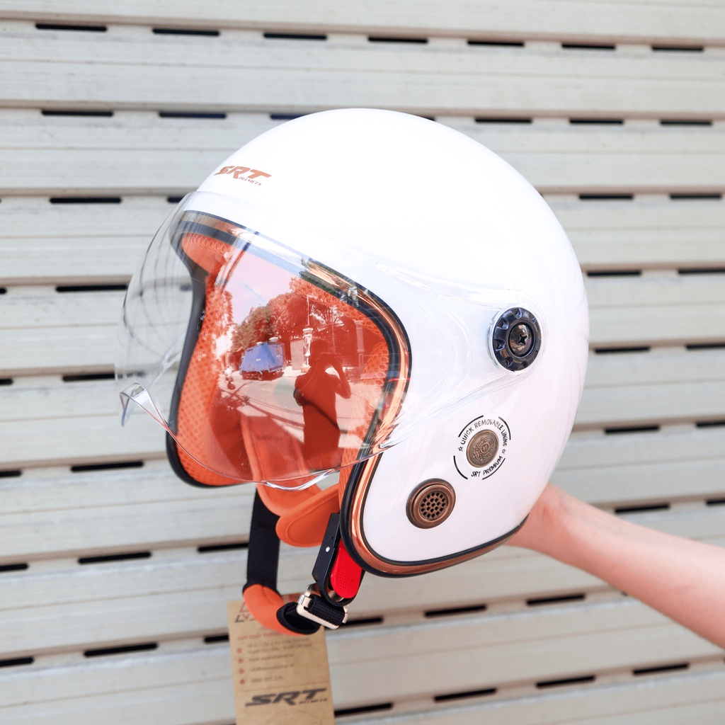 Mũ bảo hiểm 3 4 SRT - Kính viềng đồng - Trắng lót cam