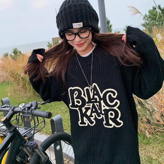 Áo sweater ZHELIHANGFEI dệt kim dài tay dáng rộng họa tiết chữ phong cách Mỹ thời trang dành cho nữ