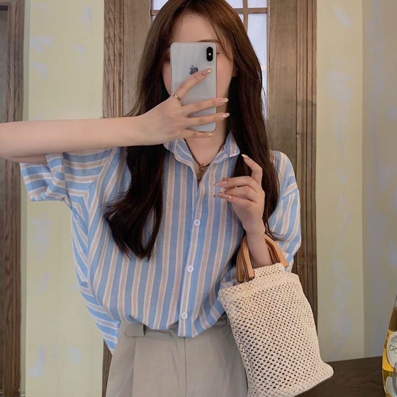 Áo Sơ Mi Tay Ngắn Kẻ Sọc Màu Sắc Tương Phản 185226 Áo Sơ Mi Dáng Rộng Phong Cách Hàn Quốc Cá Tính
