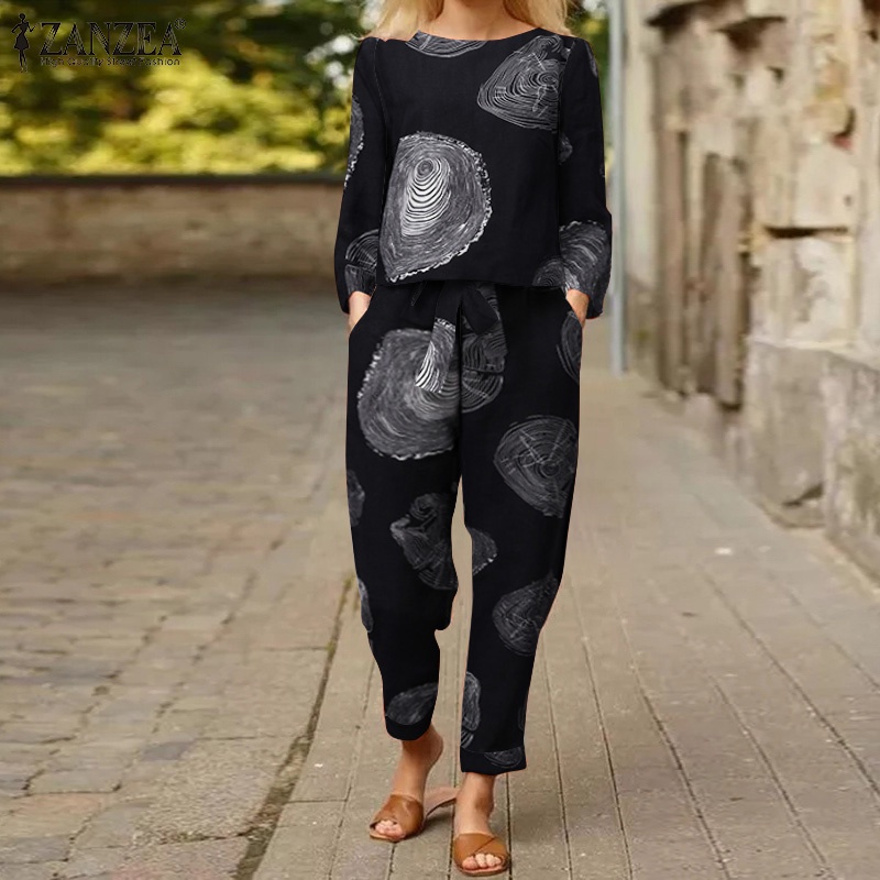 Bộ trang phục gồm áo cổ thuyền tay dài và quần dài lưng thun  ZANZEA bằng cotton họa tiết in ấn cho nữ