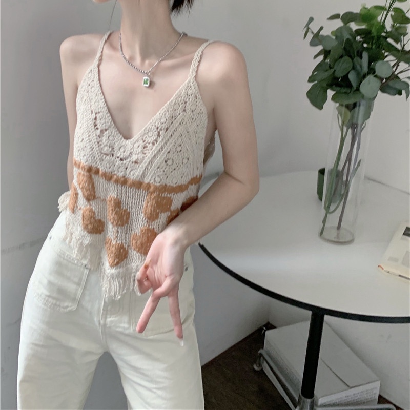 Áo Hai Dây Dệt Kim Cổ Chữ V Phối Tua Rua Quyến Rũ Cho Nữ