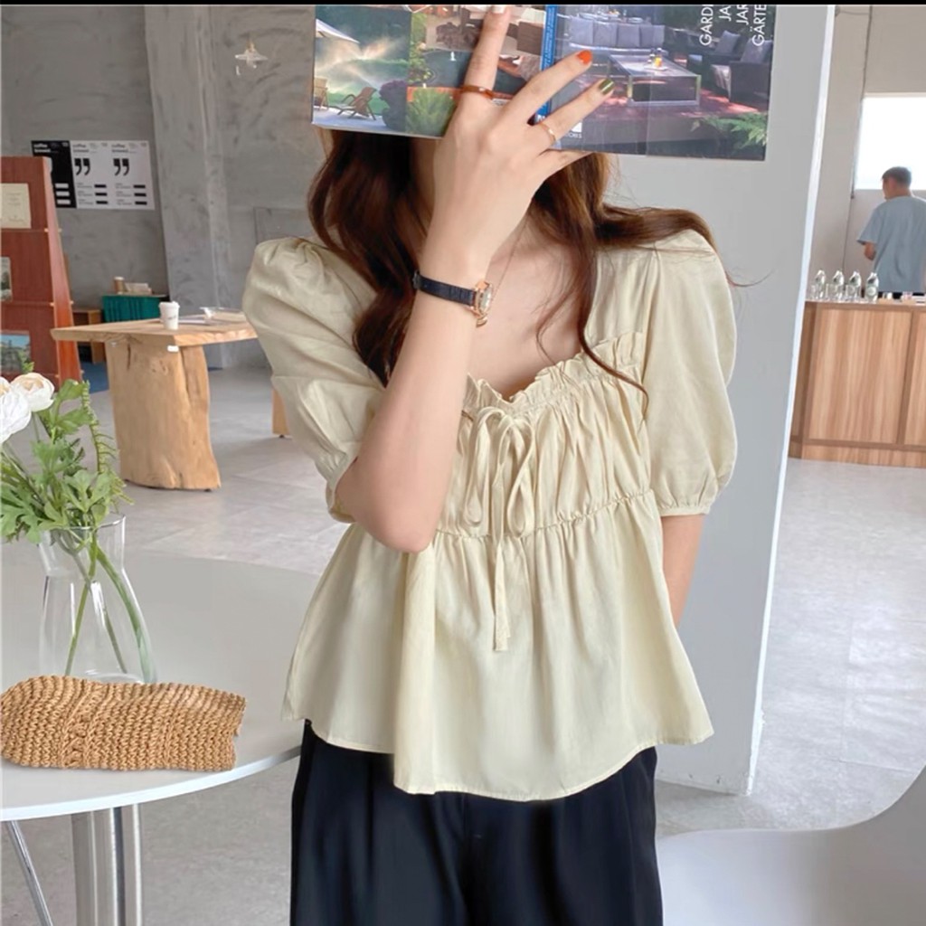 [Chakovet] Áo sơ mi nữ cộc tay cổ vuông A850, áo kiểu nữ babydoll xếp ly eo chun nơ dây trước ngực tiểu thư đẹp cá tính