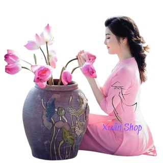 Áo dài truyền thống lụa nhật cổ tròn màu hồng Nude may sẵn