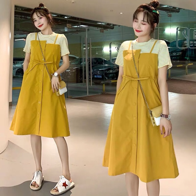 {order bigsize,40-100kg}Váy thô liền dáng yếm phối màu