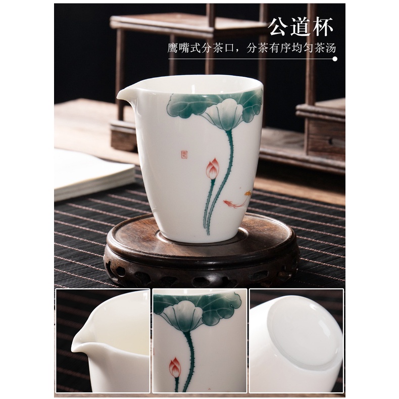 Bộ Ấm Chén Sứ Cảnh Đức Trấn Bằng Sứ Trắng Thanh Khiết Thấu Quang Họa Tiết Hoa Sen Cá