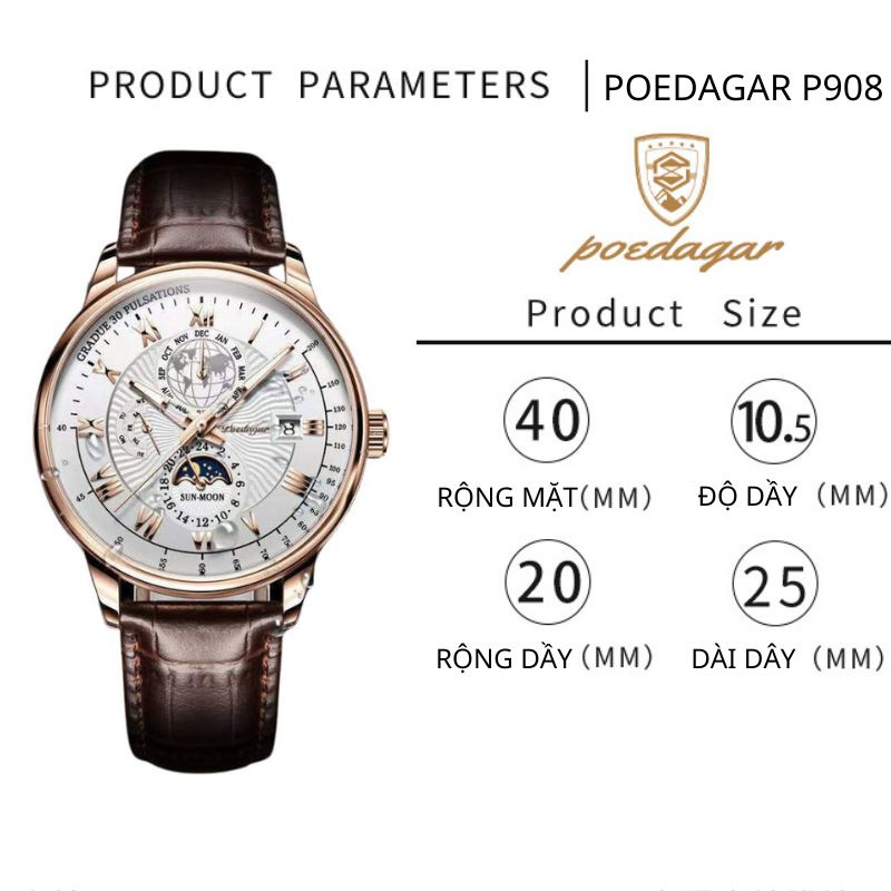 Đồng Hồ Nam Dây Da Đẹp Chính Hãng TAWA POEDAGAR P908 Cao Cấp Chống Nước Độ Sâu 30M