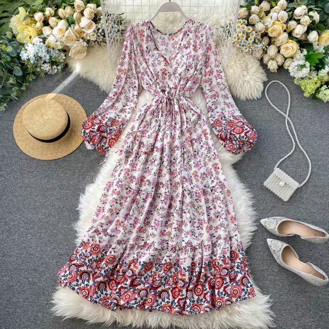 (Nhiều màu)(sẵn đỏ) Váy đầm maxi boho thổ cẩm tay phồng cổ V dáng xoè tầng dài rút eo hoạ tiết hoa lá vintage bohemian