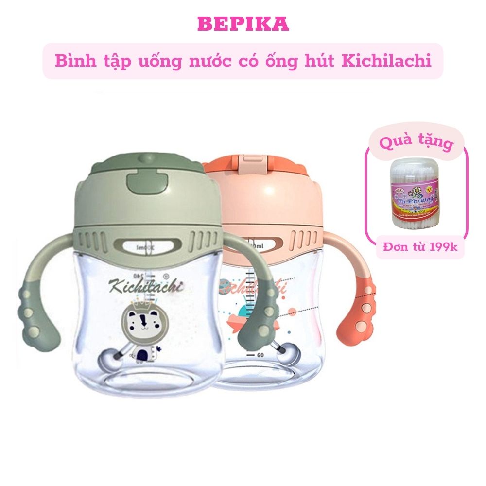 Bình tập uống nước Kichilachi Tritan 300ml có ống hút chống sặc cho bé từ 6 tháng