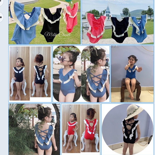 Bikini riềm cổ đan dây chéo lưng điệu đà cho bé gái - BRC