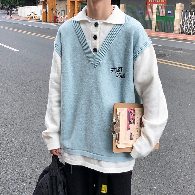 Áo Sweater Giả Hai Lớp Form Rộng Thời Trang Hàn Quốc Sành Điệu Cho Nam