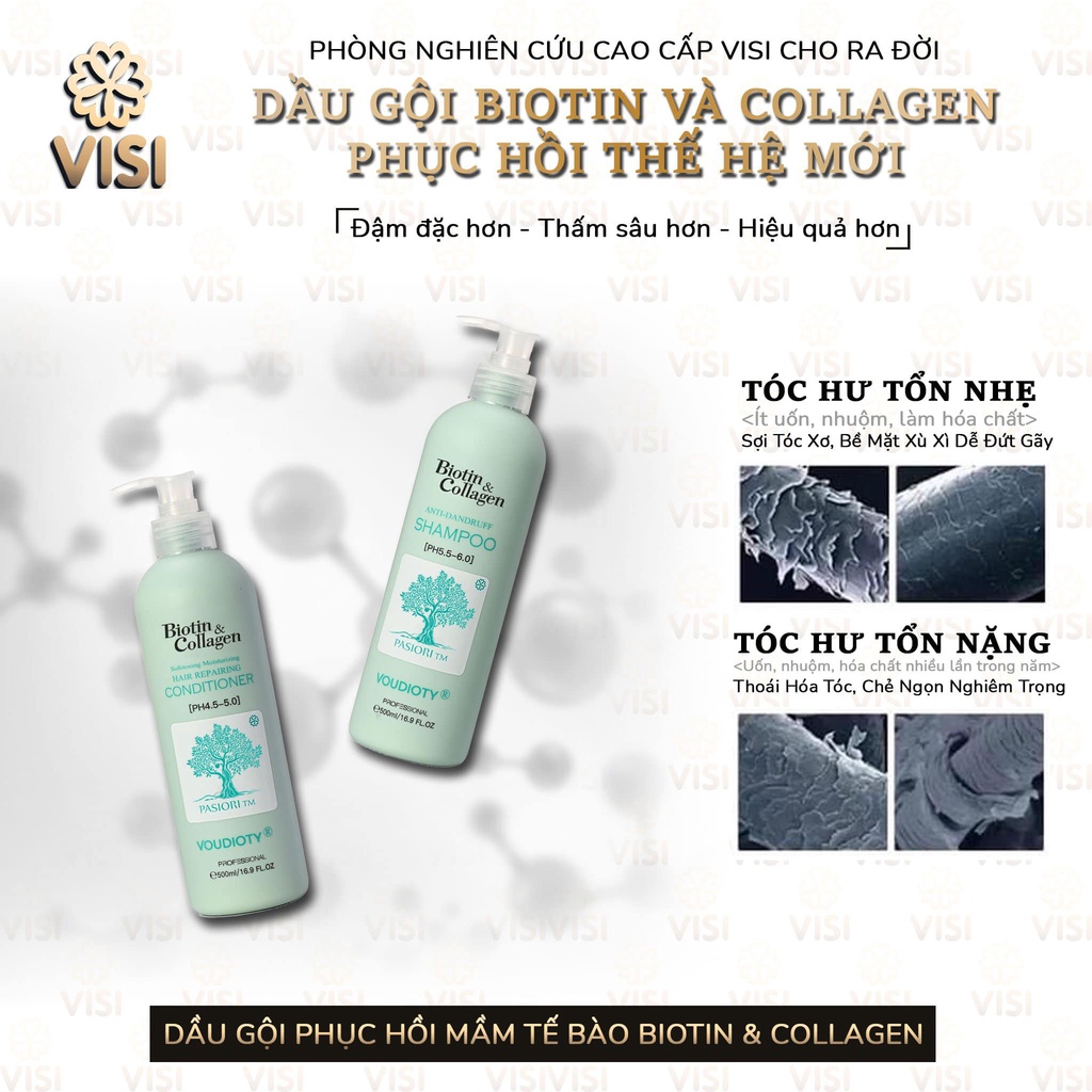 Cặp dầu gội xả Biotin Collagen màu xanh dương 500ml giảm gàu và rụng tóc hỗ trợ mọc tóc hiệu quả