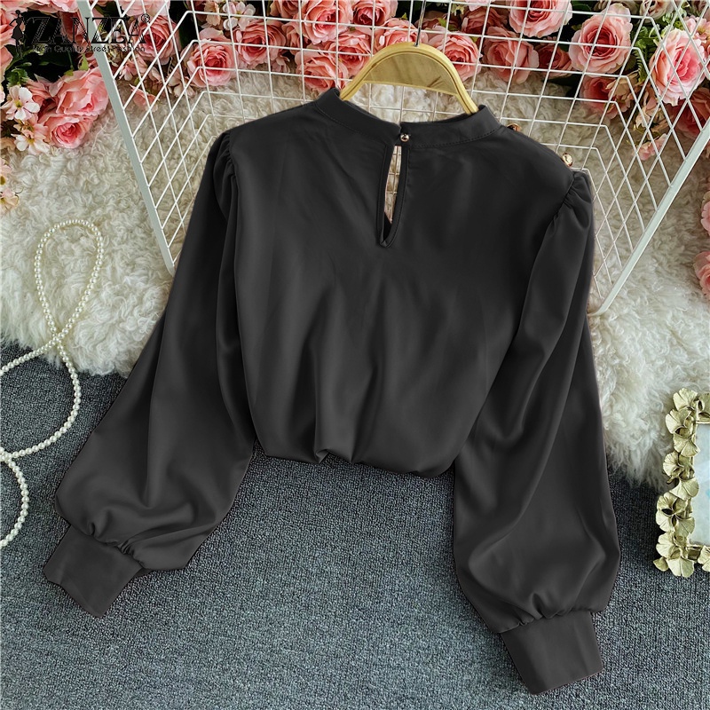 ZANZEA Áo Sơ Mi Vải Satin Tay Dài Cổ Đứng Thời Trang Cho Nữ