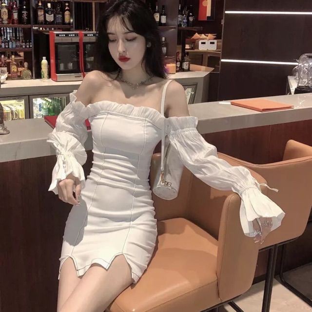VÁY BODY DÀI TAY MÀU TRẮNG TIỂU THƯ - Hàng Quảng Châu