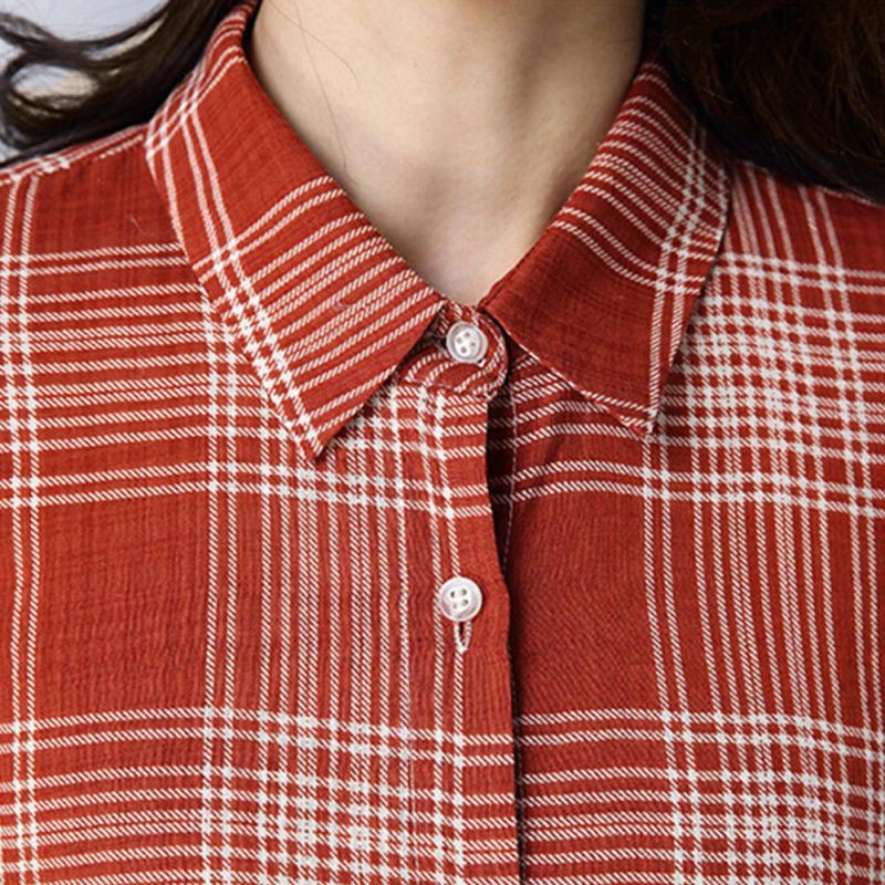 Áo sơ mi form rộng cổ bẻ họa tiết sọc ca rô thanh lịch và điệu đà cho nữ