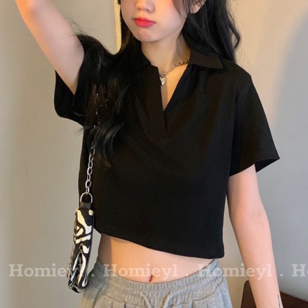 Áo croptop nữ cổ polo V dáng vừa tay ngắn Homieyl cao cấp màu đen trắng đi chơi, đi làm