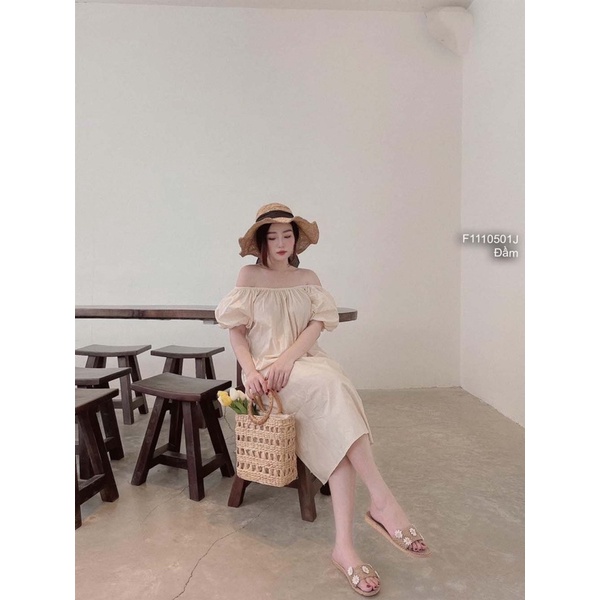 Đầm thô dáng suông bẹt vai tay bồng