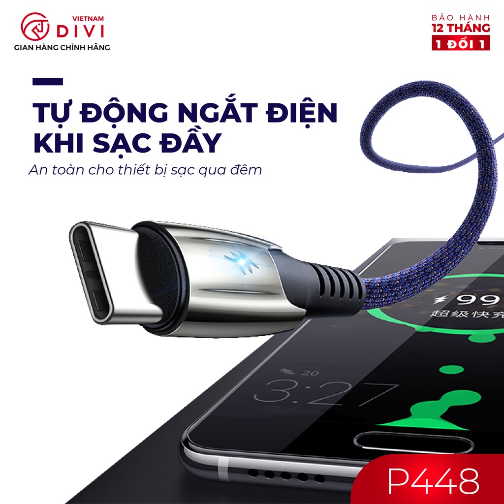 Dây cáp sạc nhanh 5A Type C - DIVI P448 - Vỏ bện nylon - Hàng phân phối chính hãng - Bảo hành 12 tháng
