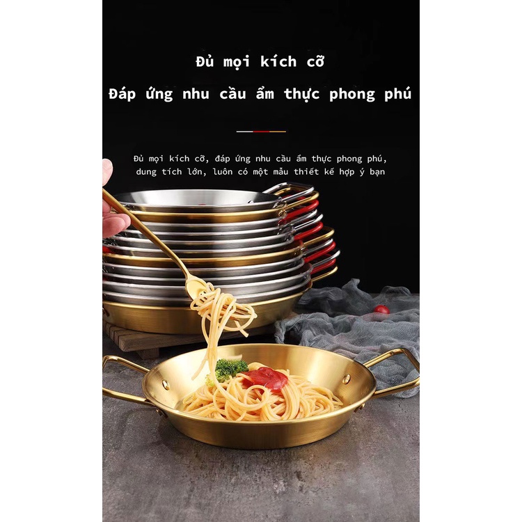 Khay hải sản Hàn Quốc khay đáy bằng chất liệu inox khay đựng cơm chiên khay đựng gà chiên hai quai khay đựng Mỳ Ý Salad khay màu vàng kim khay đa năng