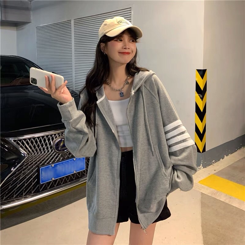 Áo khoác nỉ ngoại sọc tay có nón dây kéo unisex ulzzang nam nữ