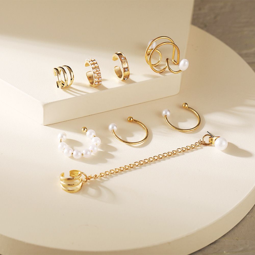 Set 7 khuyên kẹp vành tai đính ngọc trai giả tua rua thời trang Hàn Quốc cho nữ
