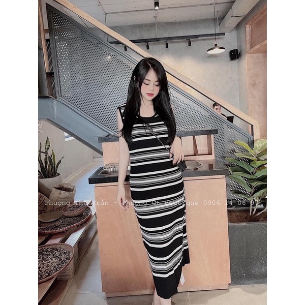 VÁY LEN KẺ NGANG 3 LỖ 2 MÀU ĐEN BE