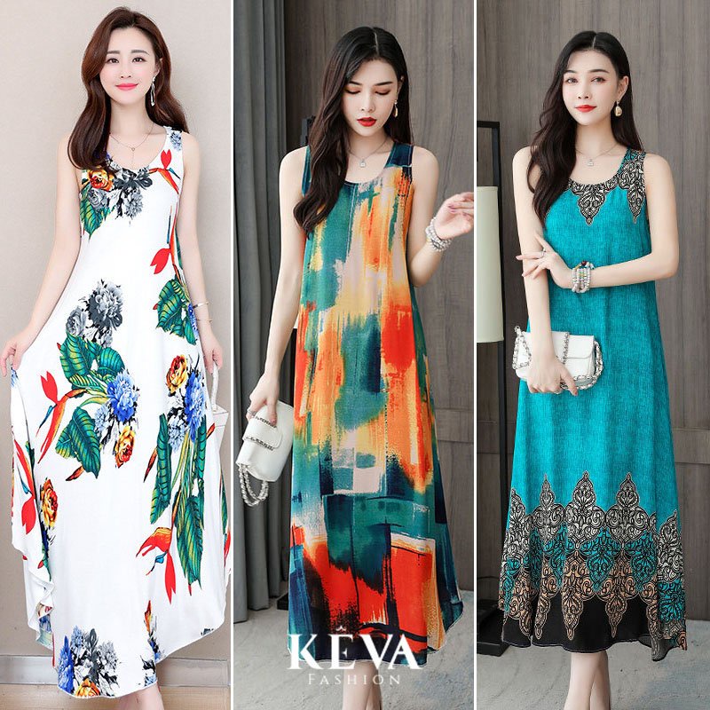 Váy Đầm Trung Niên Dáng Suông Mặc Ở Nhà - Mặc Đi Ngủ - Chất Lanh Thoáng Mát - Thương Hiệu KEVA - SIÊU HOT