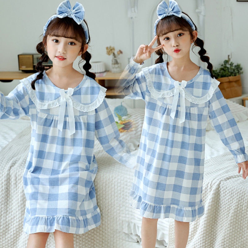 Bộ đồ ngủ trẻ em cha mẹ-đứa dài tay màu bông công chúa nhỏ cô gái trung niên mặc ở nhà cho