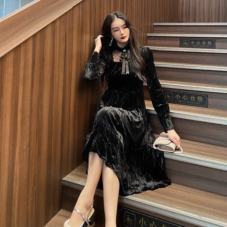 D70 - Đầm  Bigsize  Nhung Tiểu Thư Tay Dài