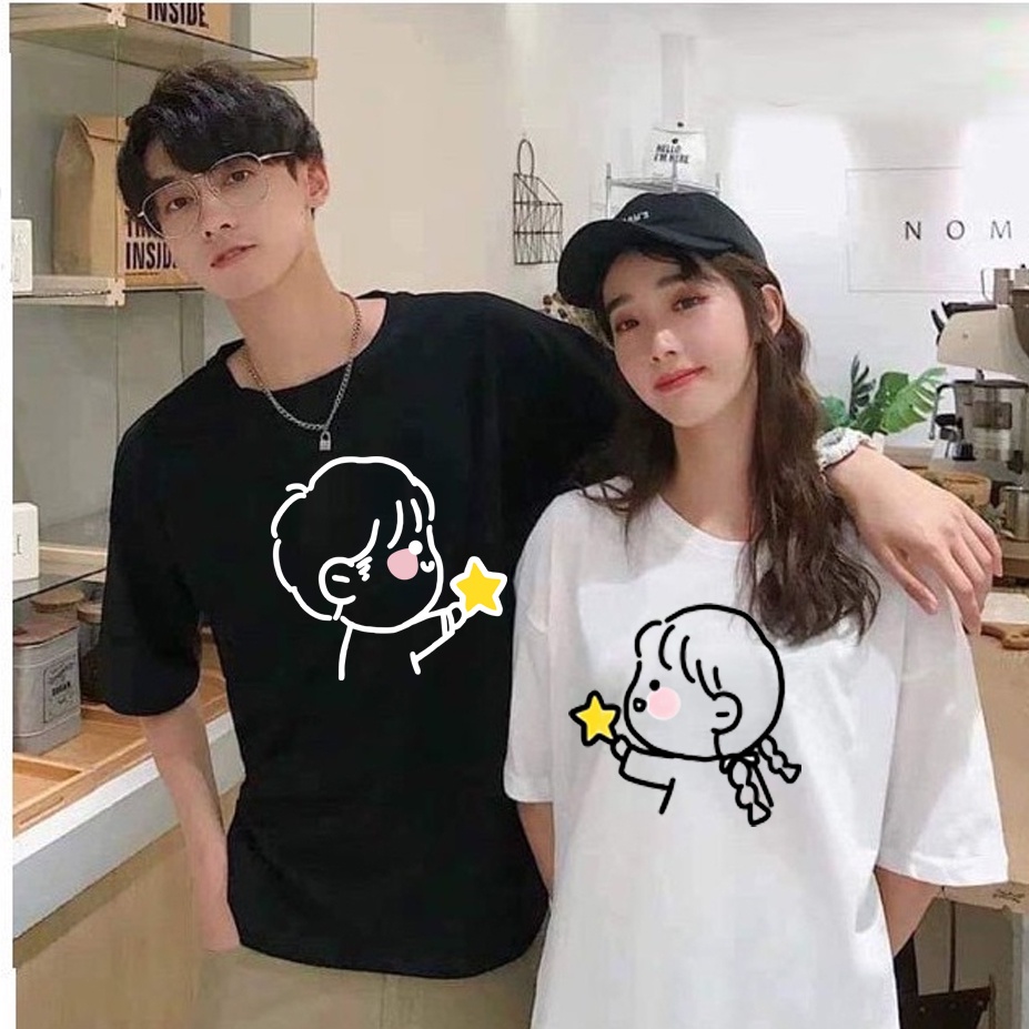 Áo thun Đôi fom rộng Nam nữ cực chất , hình chibi  tặng sao
