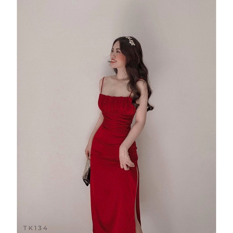 Đầm 2 dây phi nhíu ngực xẻ đùi 3 màu