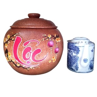 Bình giữ ấm trà gỗ dừa gọn đẹp vẽ hoa văn lồng chữ lộc và bình trà 700 - 950ml
