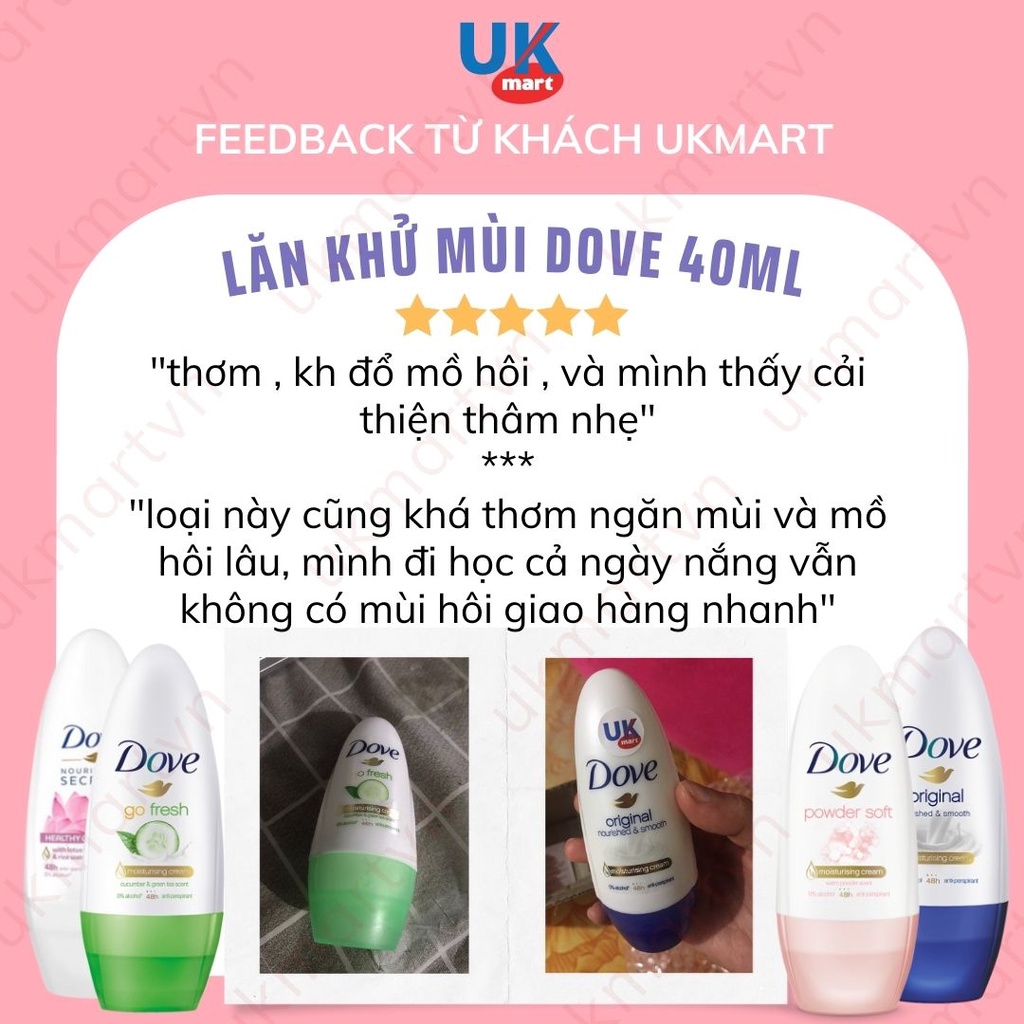 Lăn Khử Mùi Dove Original Nourised &amp; Smooth Hương Dịu Nhẹ Go Fresh Hương Dưa Leo &amp; Trà Xanh Powder Soft 40ml