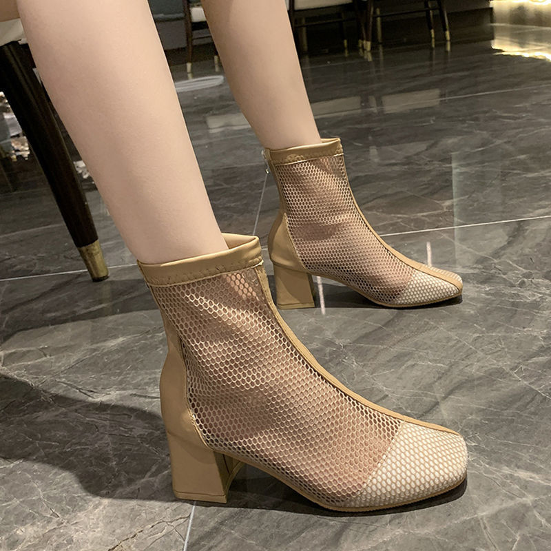 Mesh Hollow liang xue2021New Summer High Heel Chunky Heel Mesh Elevator Wild Ankle Boots