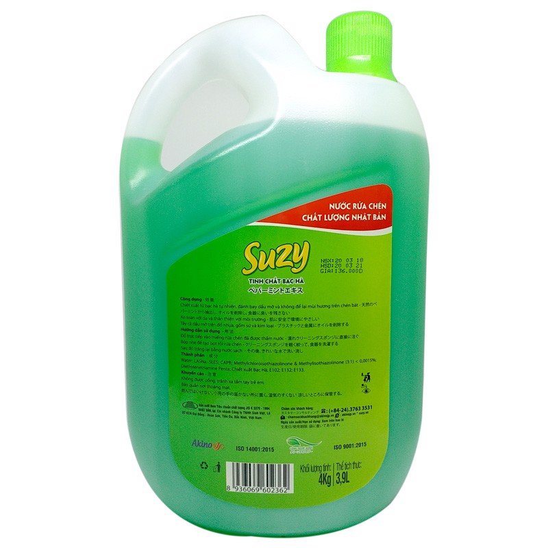 Nước rửa chén bát HỮU CƠ SUZY 4KG TINH CHẤT BẠC HÀ, chất lượng Nhật Bản | DISHI