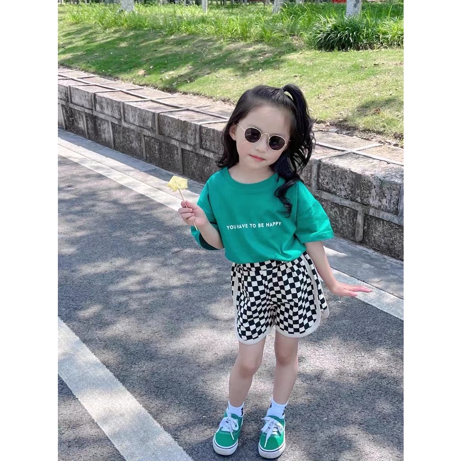 Bộ Đồ Thể Thao Áo Tay Ngắn Phối Quần Short Vải Cotton Dáng Rộng Kẻ Sọc Ca Rô Thời Trang Mùa Hè Cho Bé