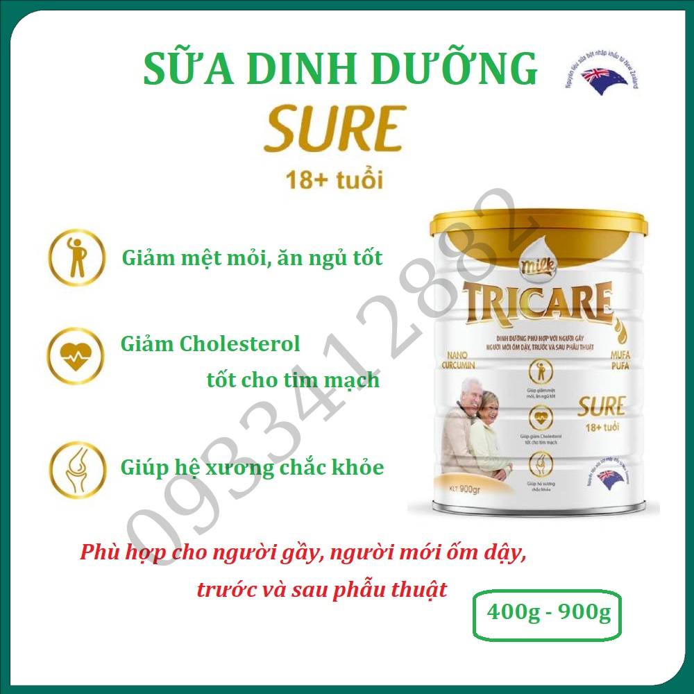 Sữa bột nguyên kem Sure Tricare, hộp 400-900g giúp bổ sung dinh dưỡng cho người gầy, người mới ốm dậy và mới phẫu thuật