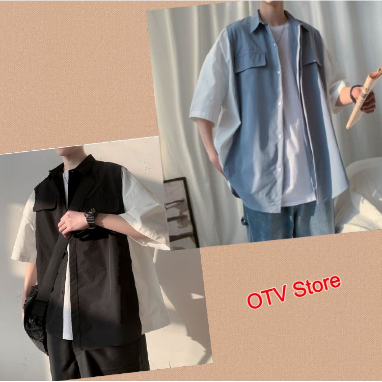 Áo sơ mi tay ngắn nam phối màu Unisex vải Kate Hàn, Áo sơ mi tay lỡ nam form rộng thoáng mát và đẹp | BigBuy360 - bigbuy360.vn
