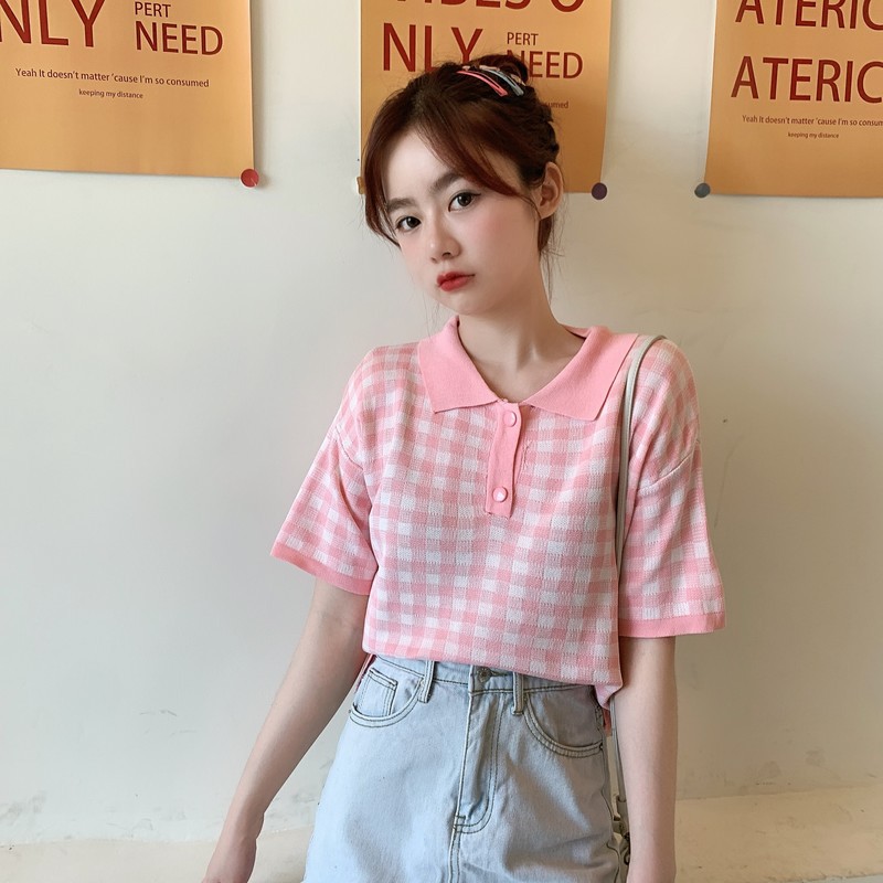 [SẴN] Áo len croptop tay lở cổ bẻ caro ulzzang polo len dệt kim phom rộng POLO