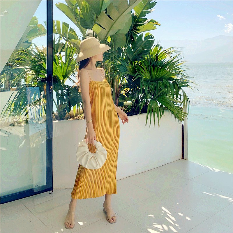 Đầm maxi hai dây dập ly, váy maxi đi biển sang chảnh hàng quảng châu loại đẹp