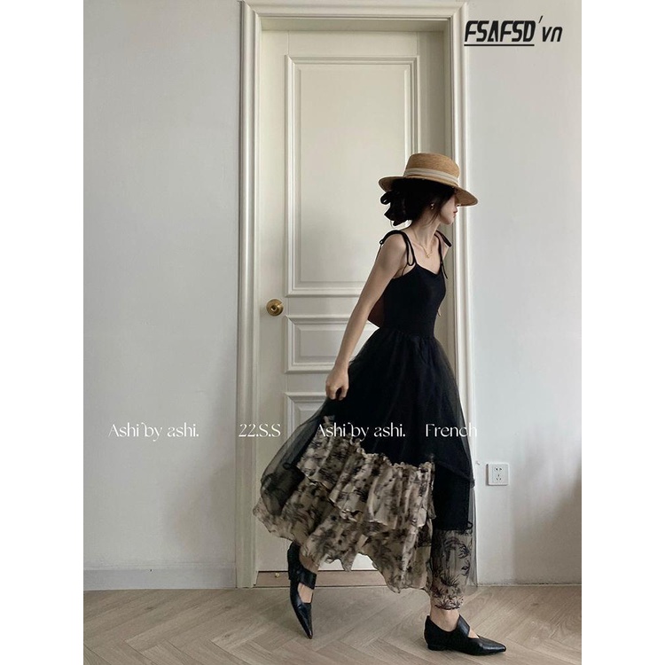 Đầm Hai Dây Màu Đen Phong Cách Retro Quyến Rũ Cho Nữ