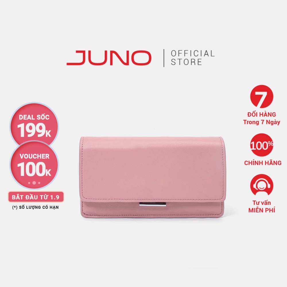 Ví Nữ Cầm Tay Thời Trang JUNO Da Trơn Nắp Gập Gắn Khóa Trang Trí VI166