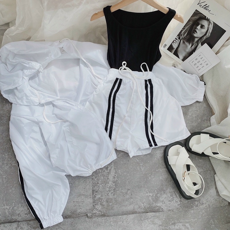 SET 3 MÓN THỂ THAO : KHOÁC VIỀN + ÁO PULL ĐEN 3 LỖ + SHORT VIỀN ✨