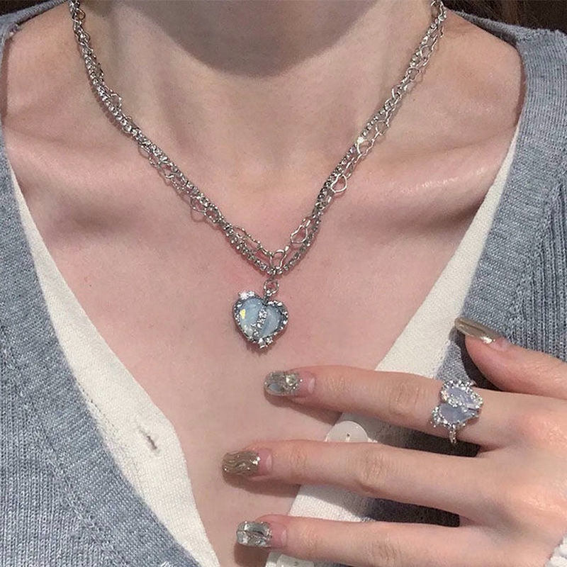 Bộ Vòng cổ + Bông Tai + Nhẫn Đính Đá Opal Hình Trái Tim Thời Trang Cho Nữ