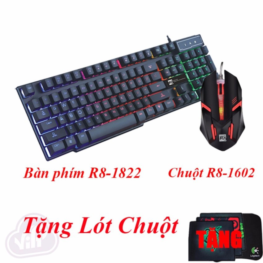 [CHUYÊN GAME LED ĐA MÀU] COMBO PHÍM R8 1822 + CHUỘT R8 1602