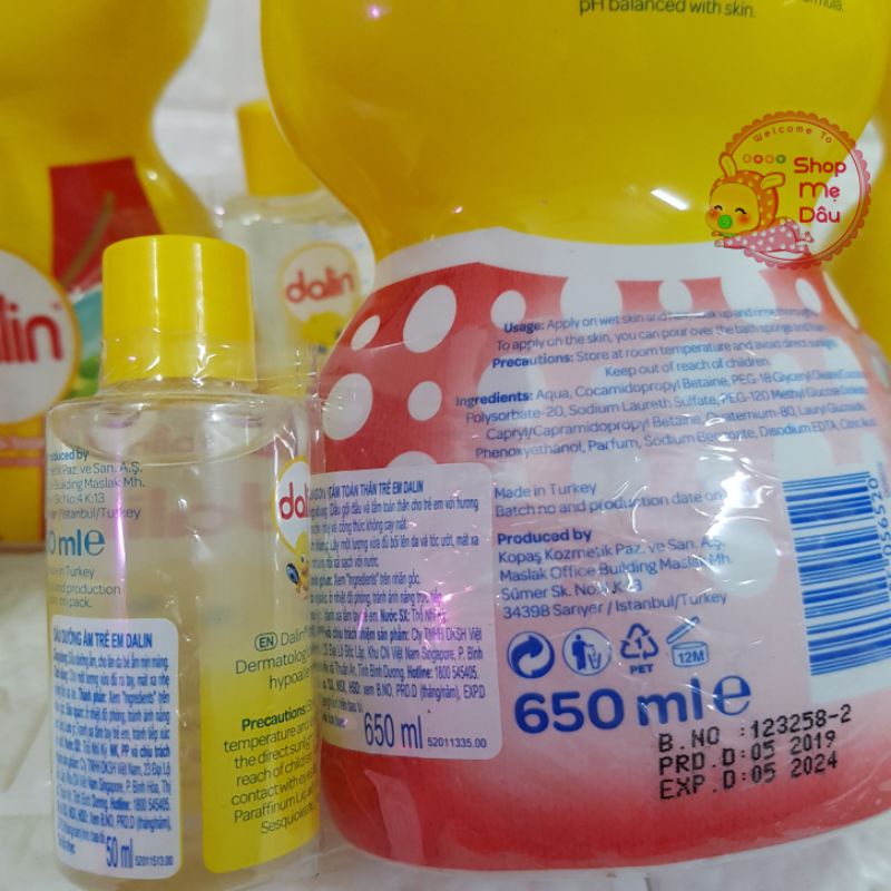 DATE T5/2024 - Sữa tắm gội Dalin cho bé 650ml - Tặng kèm Dầu dưỡng ẩm